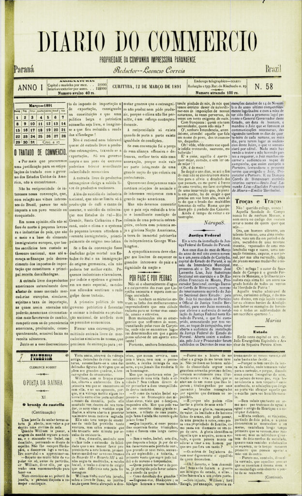 Publicação da Ata de instalação da Justiça Federal no Diario do Commercio do dia 12 de março de 1891.